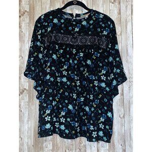 Women's LOFT Black Blue Floral Applique Lace Flutter Sleeve Top Blouse Shirt